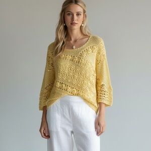 Vintage Denim 24/7 Yellow Floral Crochet Sweater open Weave Boho Western